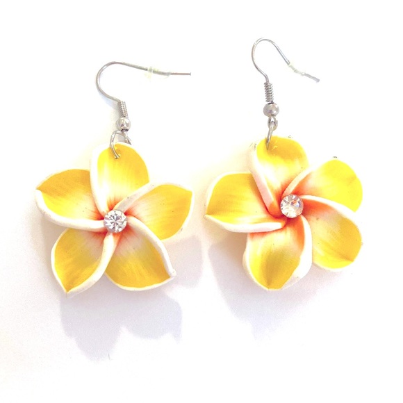Yellow Frangipani Plumeria Flower Earrings - Picture 2 of 3